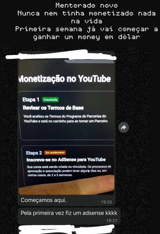 Mentorado novo: primeira monetização, etapa do AdSense em andamento