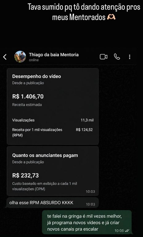 Mentorado: R$ 1.406,70 em um vídeo, RPM R$ 124,52